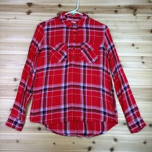 Tommy Hilfiger Shirt Womens Medium Red Plaid Long Sleeve 1/4 Button Up Shirt